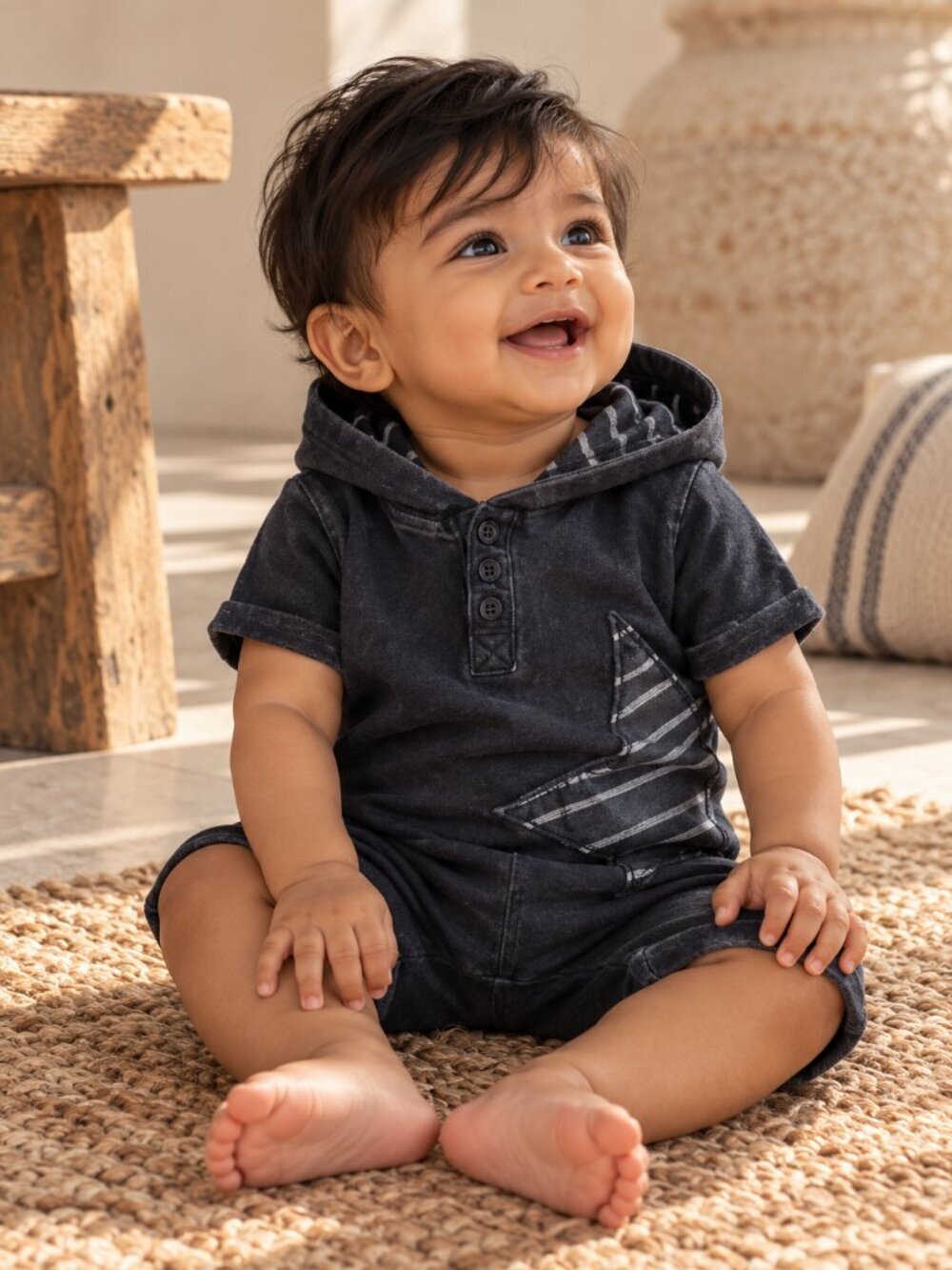 Fierce Frank Baby Boys Black Star Hooded Romper Shortall Jumpsuit 3-6M